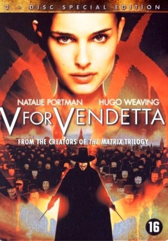 DVD-hoes voor V for Vendetta, Special Edition, met Natalie Portman en Hugo Weaving. V draagt een masker en handschoenen.