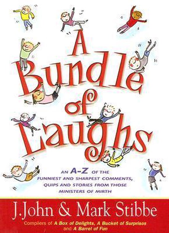 Boek 'A Bundle of Laughs' met rode tekst en tekeningen van vrolijke mensen die springen en vallen.
