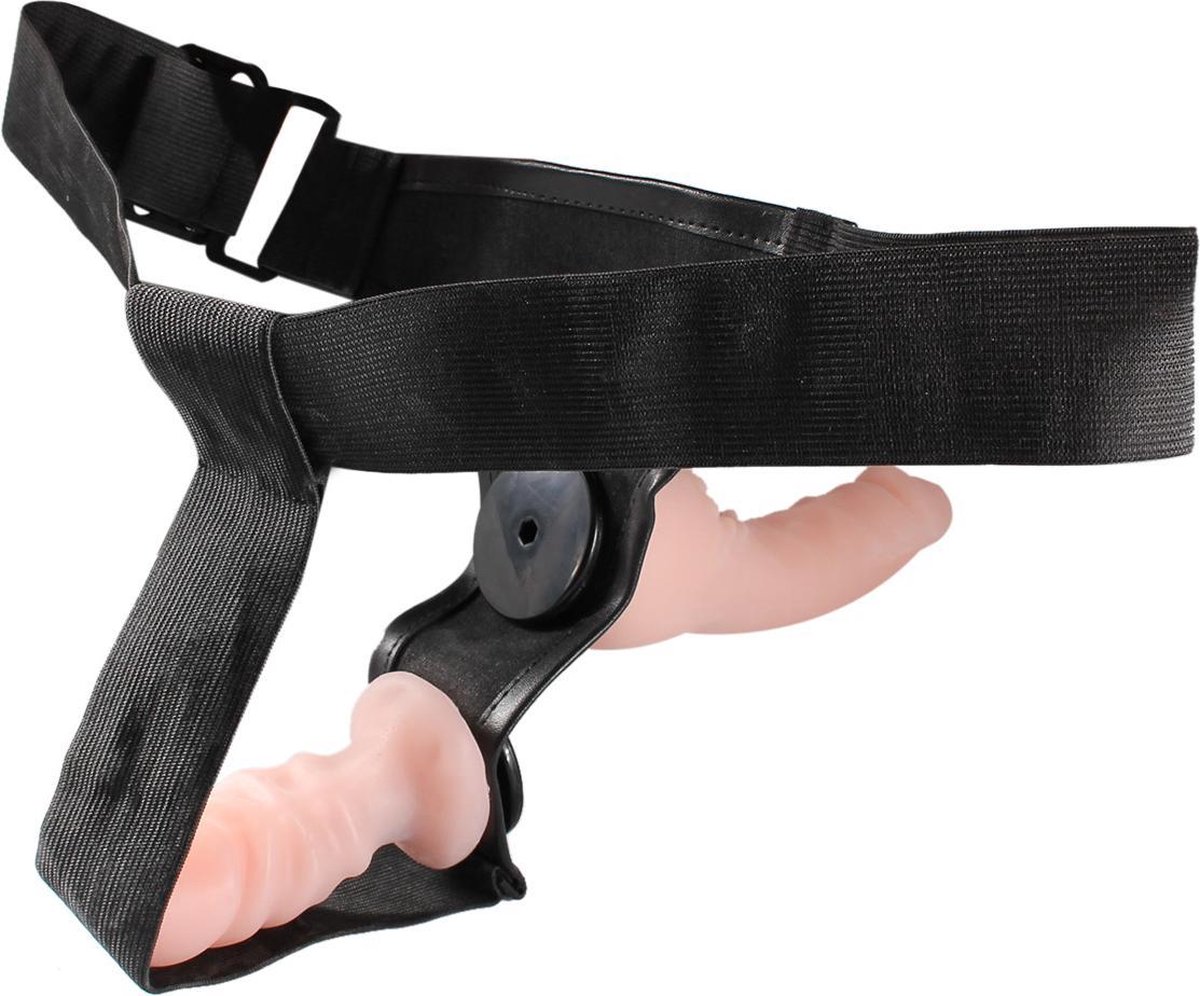 Goedkoopste Strap on harnas ULTRA - met 2 voorbind dildo's. Anaal en vaginaal te gebruiken - zwart