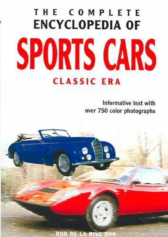 Boek "The Complete Encyclopedia of Sports Cars Classic Era" met rode en blauwe sportauto's.