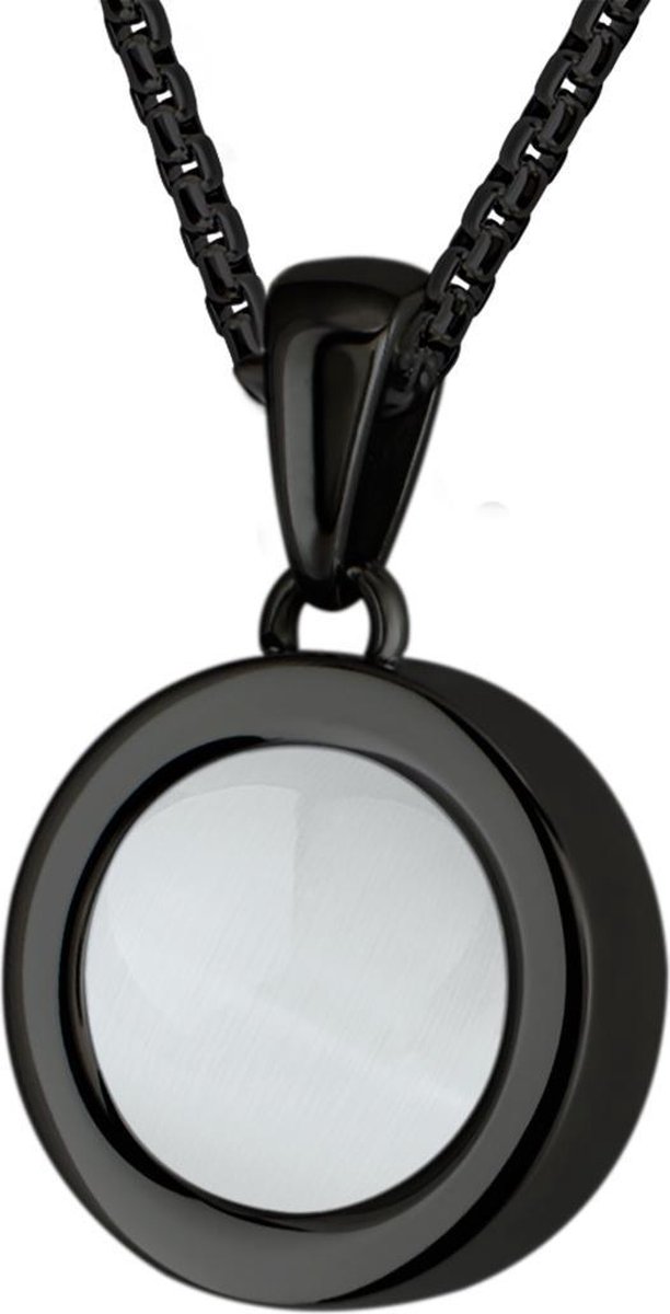 Quiges 12mm Mini Munt Hanger Zwart RVS Glans met Cat's Eye Beige Munt en Box Ketting Ankerketting 42-46cm
