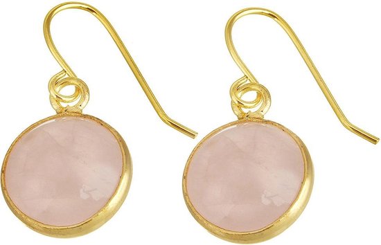 Edelstenen oorbellen Rose Quartz Gold Round - Rozenkwarts - edelstaal - roze - goud - oorhanger