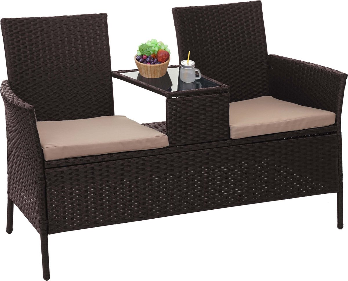Polyrotan bank met tafel MCW-E24, tuinbank zitgroep tuinset, 132 cm ~ bruin, kussens crème