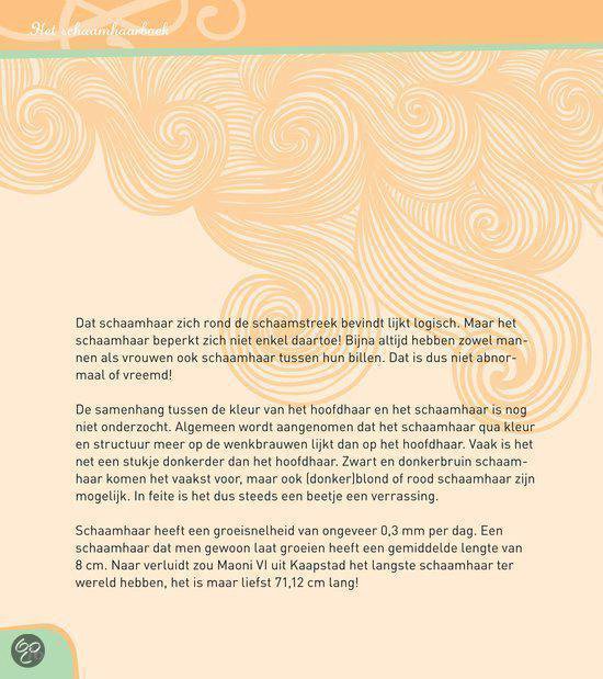 Oranje golvende lijnen op een crème achtergrond. Tekst over de kleur en groei van schaamhaar.