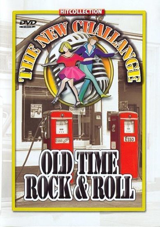 DVDhoes met 'The New Challenge Old Time Rock & Roll' en een retro afbeelding van dansende mensen, oude benzinepompen en een microfoon.