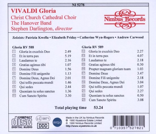 CD-hoes met Vivaldi Gloria, Christ Church Cathedral Choir, The Hanover Band, Stephen Darlington, director. Tracklists Gloria RV 588 en Gloria RV 589. Informatie over Nimbus Records, Made in the UK.