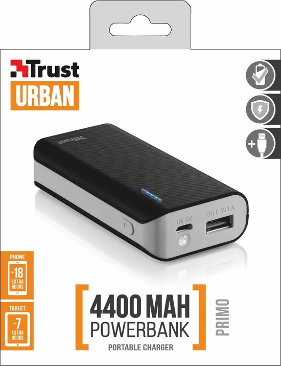 Trust Urban Primo Powerbank - 4400 mAh - Zwart | bol.com