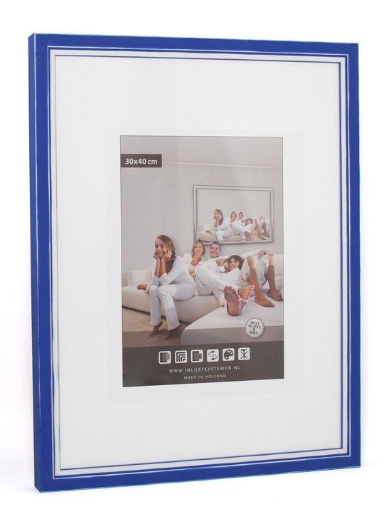 3D Houten - Fotolijst 40x50 cm - Helder Glas - Blauw / Wit met Spacer |
