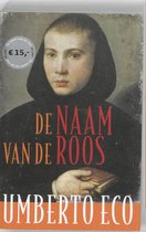 De voorkant van het boek 'De Naam Van De Roos' met een schilderij van een monnik en de titel in rode en oranje letters.