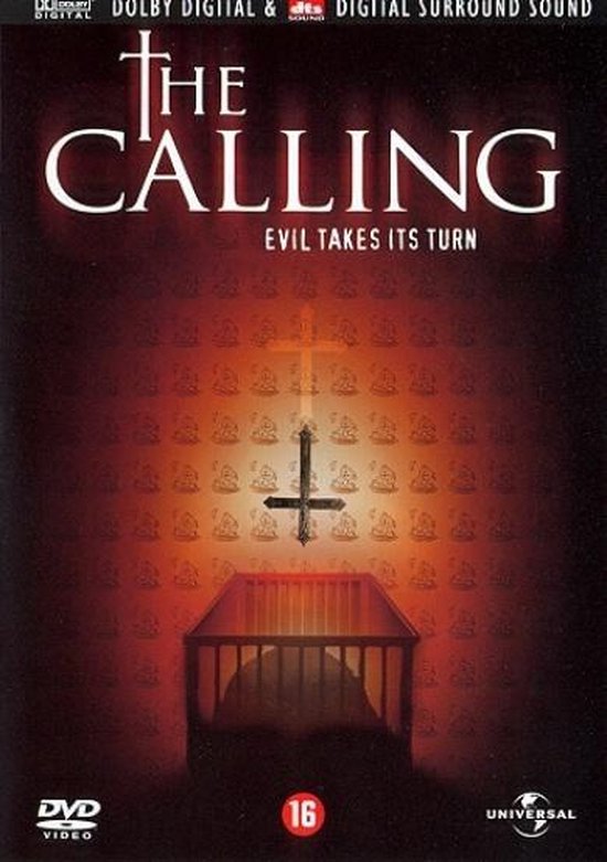 De DVD-cover van "The Calling" met de tekst "EVIL TAKES ITS TURN" en een omgekeerd kruis.