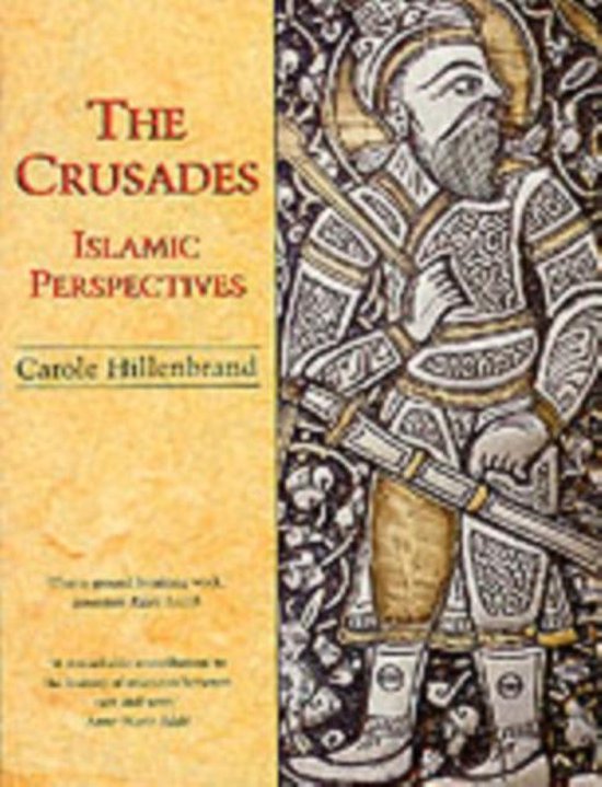 Boek kaft met de titel "The Crusades Islamic Perspectives". Illustratie van een figuur in middeleeuws pantser met een zwaard.