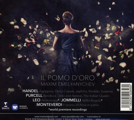 Achterkant van "IL POMO D'ORO" met Joyce DiDonato, vallende bloemblaadjes, tracklijst