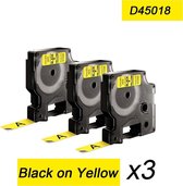 3x Compatible voor Dymo 45018 Standard Label Tape - Zwart op Geel - 12mm