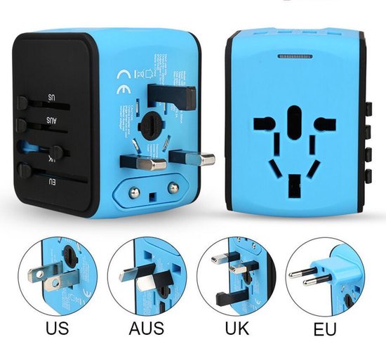 FEDEC Universele Wereldstekker met 4 USB Poorten - Internationale Reisstekker voor 150+ landen - UK - USA - AUS - Azië - Zuid Amerika - Reis Adapter - Wereld Stekker - Oplader – Zwart - Fedec