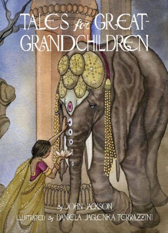 Boekomslag 'Tales for Great Grandchildren' met een olifant met versieringen en een meisje dat hem een bloem aanbiedt.