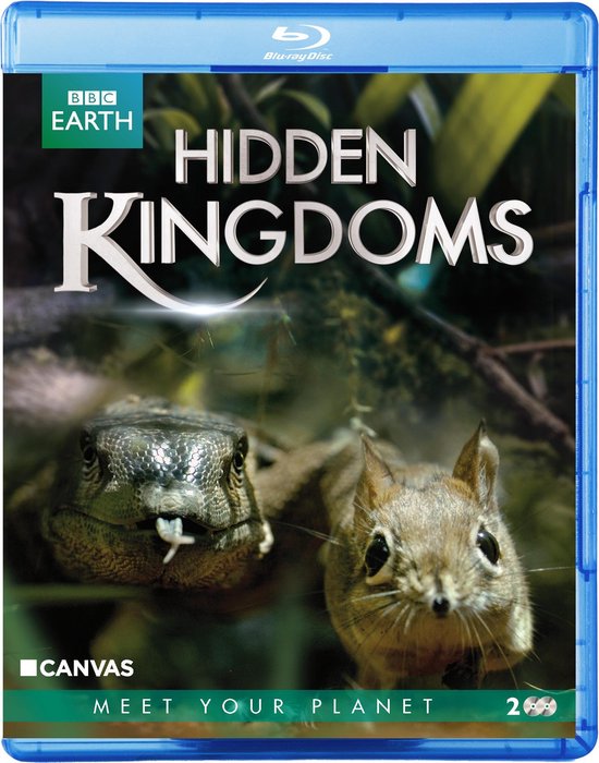 Blu-ray hoes met een close-up van een hagedis met witte tong en een eekhoorn, met de tekst "HIDDEN KINGDOMS".