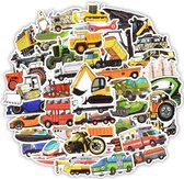 Sticker mix 50 voertuigen zoals auto, motor, boot, trein, kraan etc