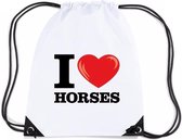 Nylon I love horses/ paarden rugzak/ gymtas wit met rijgkoord
