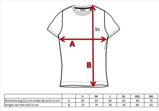 Maattabel voor een zwart t-shirt met maten A (borstomvang) en B (lengte).