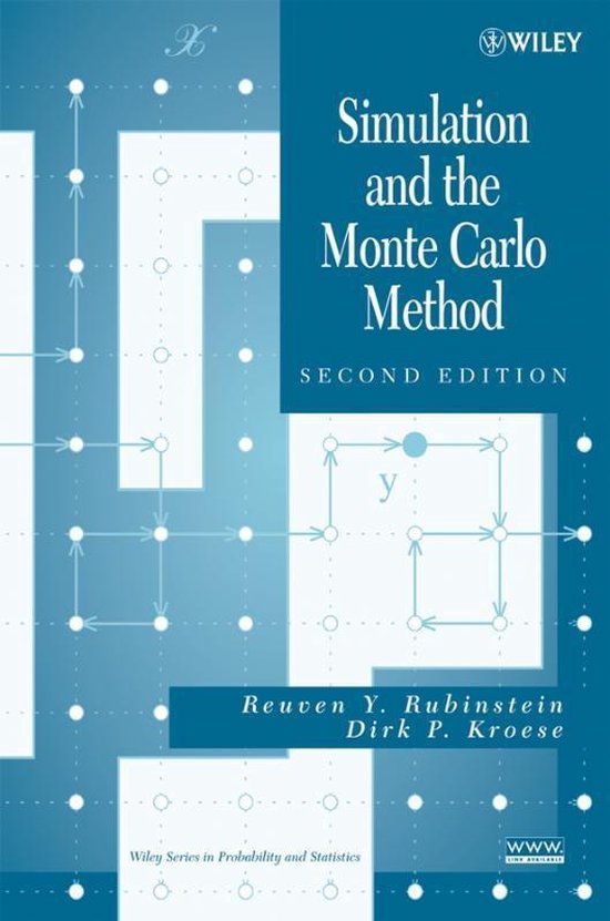 Boekomslag: 'Simulation and the Monte Carlo Method' in het wit op een blauwe achtergrond met witte stippen en pijlen.