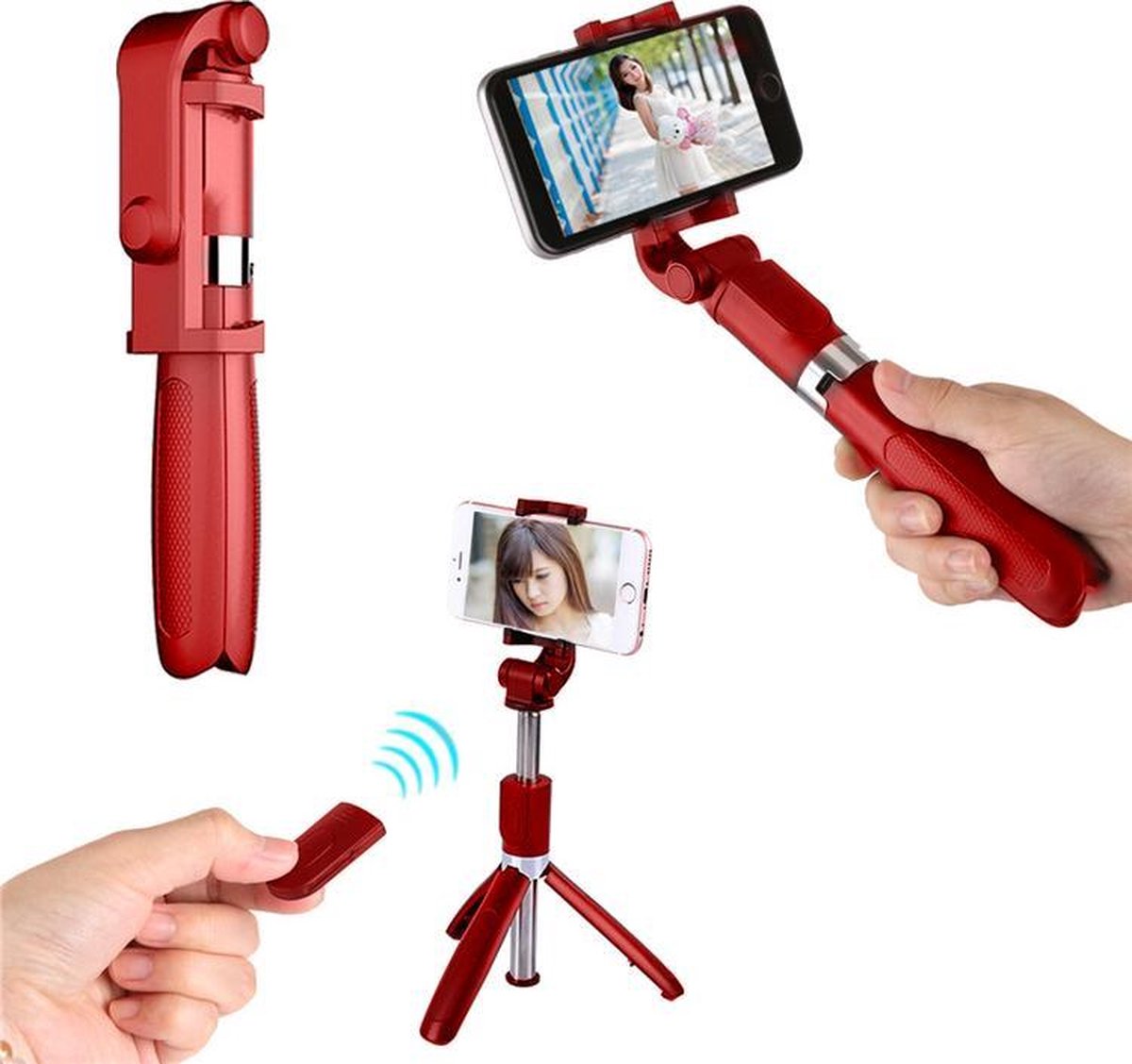 Selfie Stick Tripod - Statief Smartphone - Universeel - Bluetooth - Rood - Incl. Afstandsbediening! (3 in 1)