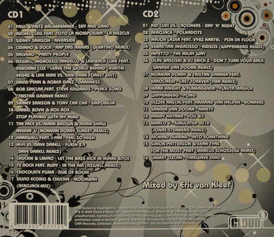 Dubbelalbum hoes met tracklijsten voor CD1 en CD2, vermeldt 'Mixed by Eric van Kleef'.