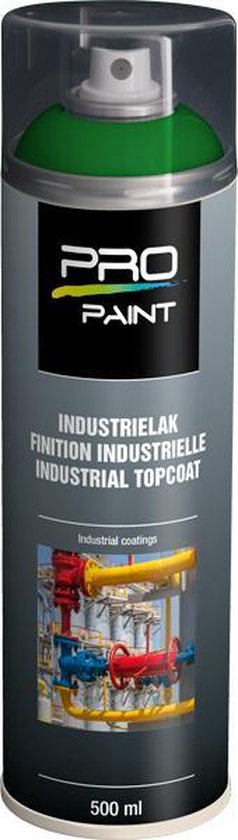 Spuitbus Pro-Paint Industrielak, groene dop en band, met afbeelding van industriële leidingen.