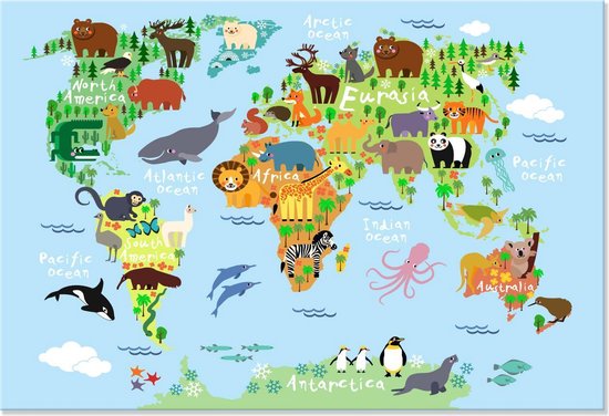 Graphic Message Peinture sur toile Wereldkaart des Animaux - Monde animal - Chambre d'enfants