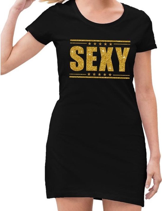 Toppers - Zwart Sexy jurkje in gouden glitter letters dames