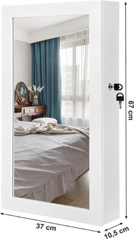MIRA Home - Sieradenkast met spiegel - Wandspiegel - MDF - valentijn cadeau - Wit - 10,5x37