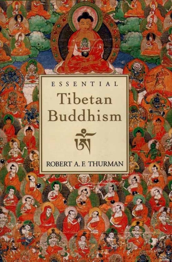 Boekhoes met rode en oranje tinten, met Boeddhistische afbeeldingen en de titel 'Essential Tibetan Buddhism'.