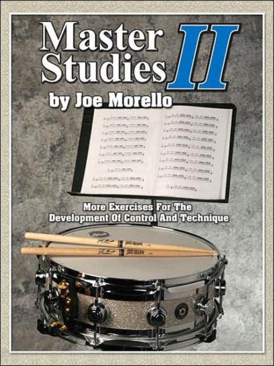 Boek omslag: 'Master Studies II' door Joe Morello, met muzieknoten, drumstokken en een snare drum.