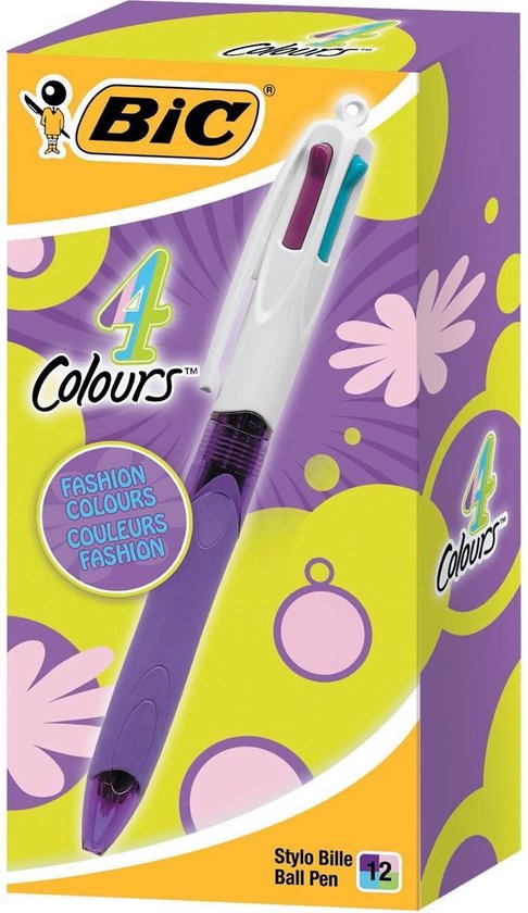 Stylo-bille Bic - 4 couleurs Fashion - Turquoise, Rose, Violet