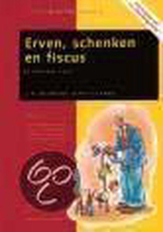Boek 'Erven, schenken en fiscus' met een illustratie van een man met een aktetas die op een boom met munten past.