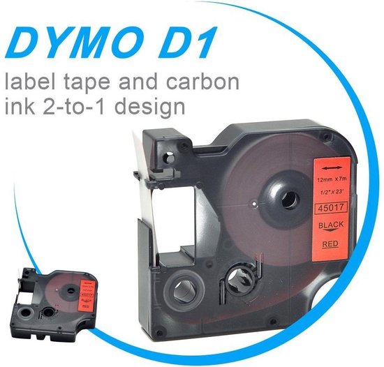 3x D1 standaard labels Dymo 45017 Zwart op rood / 12mm x 7m / Compatibele met Dymo LabelManager 450D - Merkloos