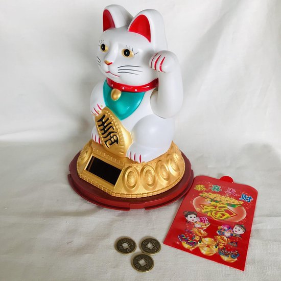 2x Zonne-wuifkat – Japanse Maneki Neko, Rood, Met Zwaaiende Arm, Geluksdecoratie