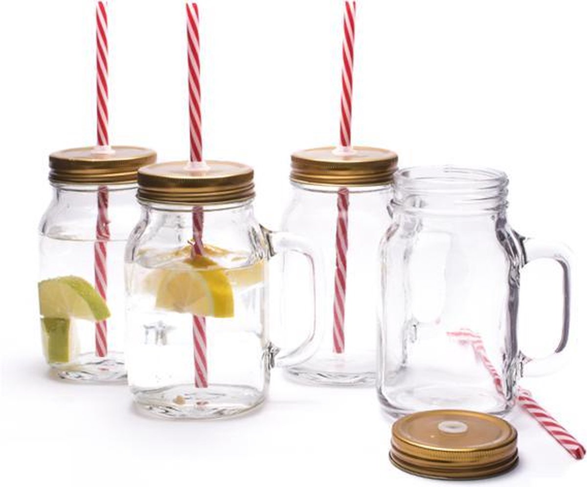 Drinkbeker glas met deksel en rietje drinkflessen
