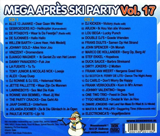 Albumhoes Mega Après Ski Party Vol. 17 met een lijst van nummers op CD1 en CD2.