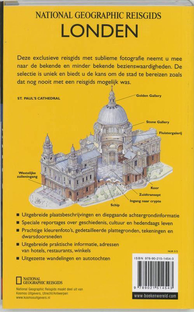 Gedetailleerde tekening van St. Paul's Cathedral in Londen met labels voor verschillende delen, zoals de koepel en de zuidtransept.
