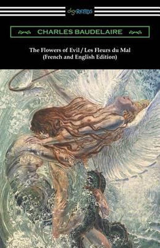 Couverture du livre 'The Flowers of Evil / Les Fleurs du Mal' par Charles Baudelaire, représentant une femme ailée entourée de vagues.