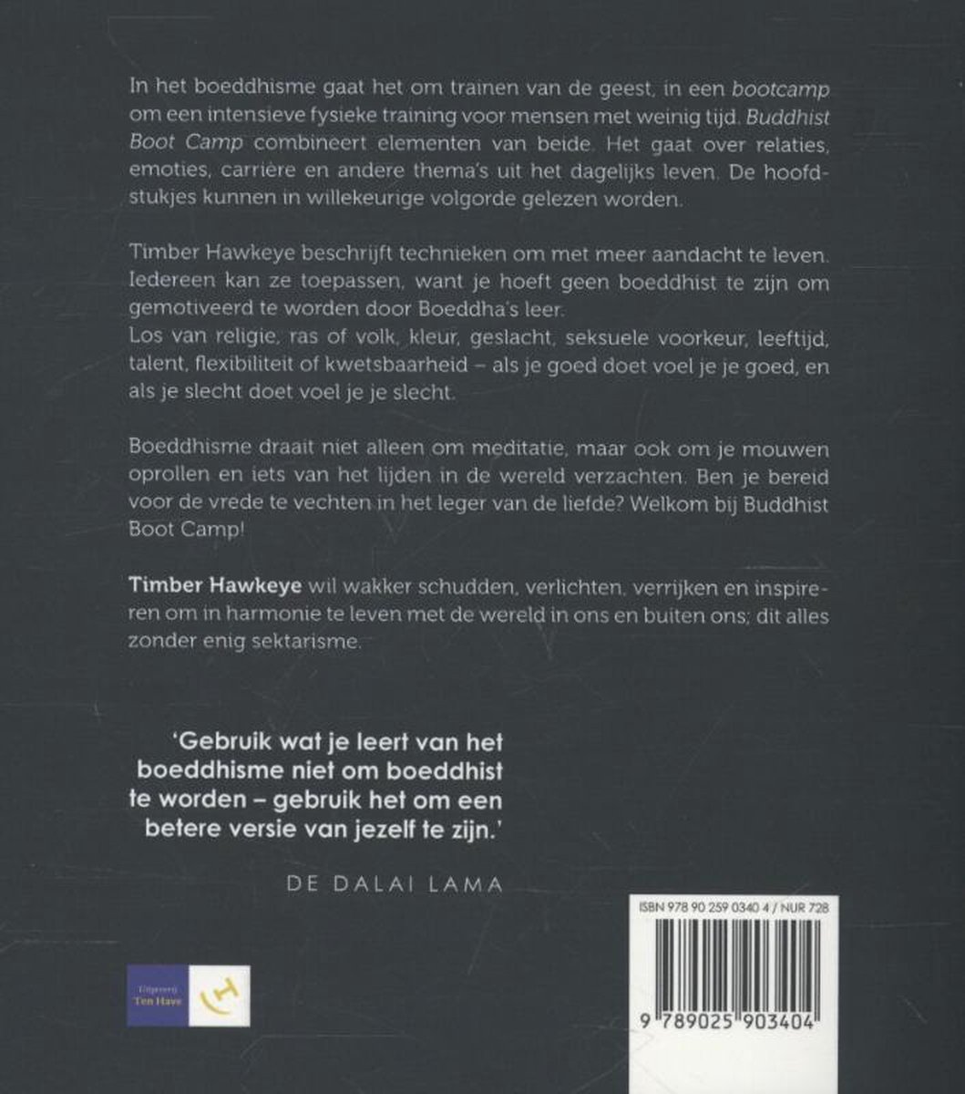 Achterpagina van het boek "Buddhist Boot Camp", met een samenvatting, een quote van Dalai Lama en ISBN.