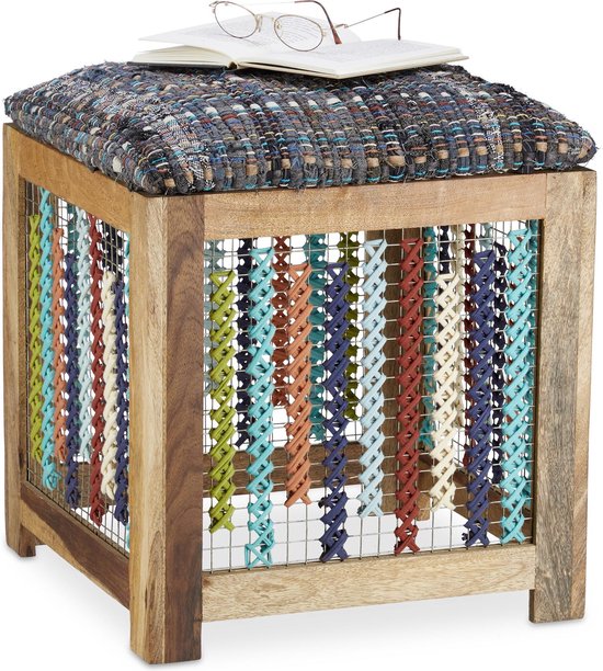 Relaxdays krukje met vacht, 4 houten pootjes, gepolsterd, kunstvel, decoratieve hocker, Hx: 31x31cm, in het bruin