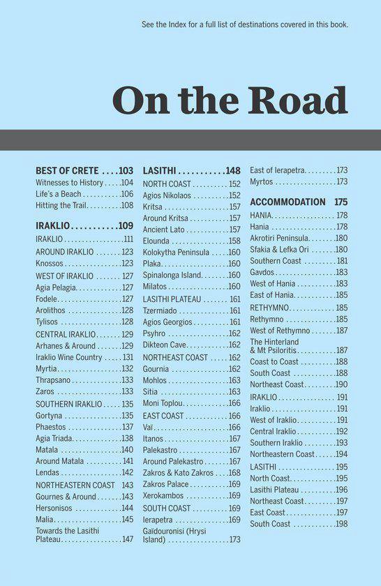 Overzicht van routes op Kreta, met locaties en paginanummers.
