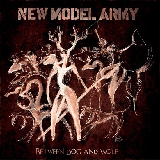 New Model Army - Between Dog and Wolf album cover met gestileerde, prehistorische tekeningen van figuren, paarden en honden.