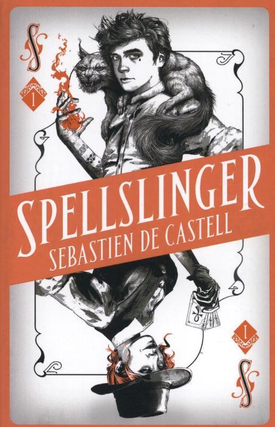 Couverture de livre représentant un jeune homme avec un chat sur l'épaule, avec des motifs de cartes à jouer orange et blancs.