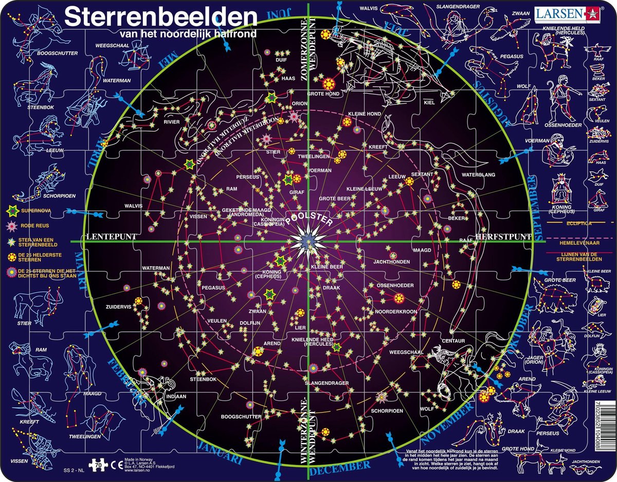 Larsen Sterrenbeelden – Puzzel – Ruimte & Wetenschap – Sterrenkunde – Educatieve legpuzzel voor kinderen – 70 stukjes – Gemaakt in Noorwegen – Extra dikke 2,5 mm stukjes – Tray met vaste rand