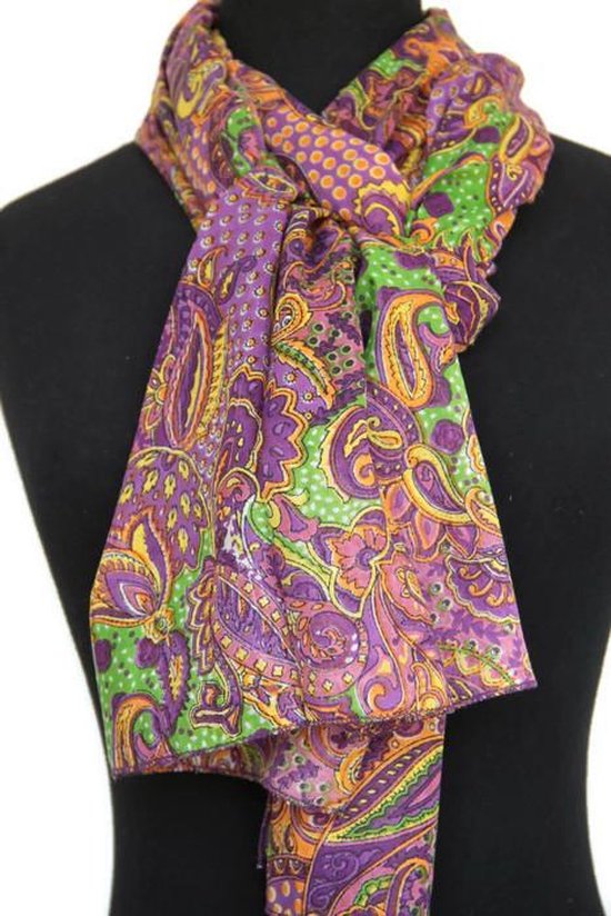 Dames sjaal - katoen - paisley motieven - paars - roze - groen - oranje - geel - creme -  50 x 180 cm