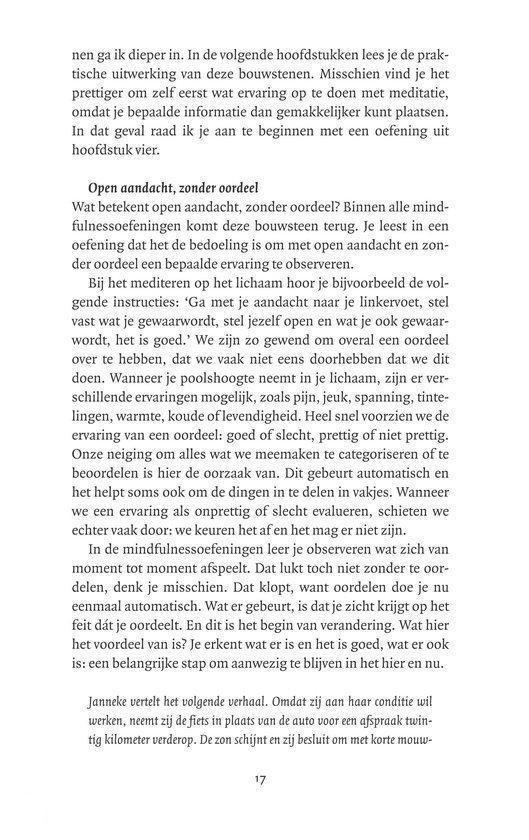 Tekst over de oefening 'open aandacht, zonder oordeel'. Pagina 17 van een boek.
