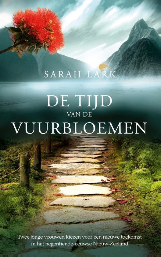 Boekomslag met een stenen pad dat naar een meer leidt, met bergen op de achtergrond en een rode vuurbloem in de hoek.