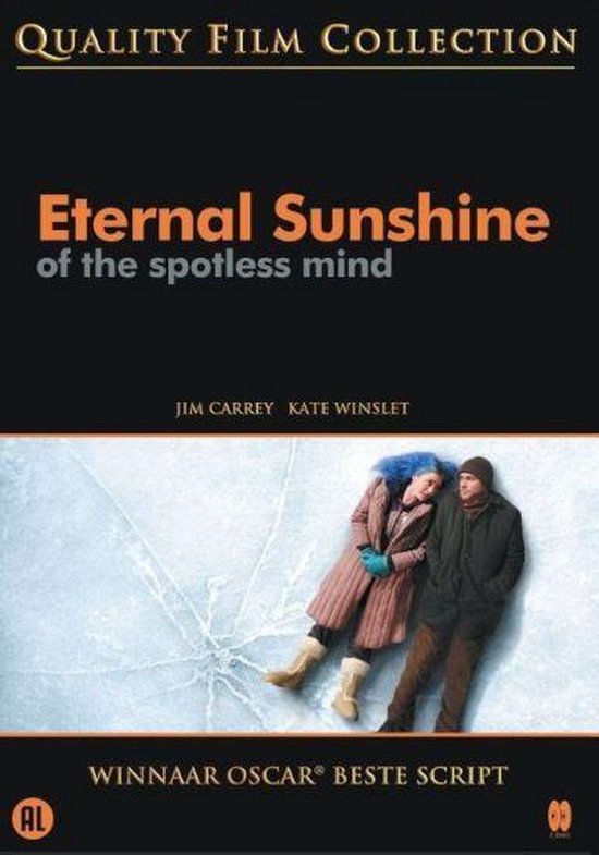 Filmhoes van 'Eternal Sunshine of the Spotless Mind' met Kate Winslet en Jim Carrey die op ijs liggen, met blauw haar voor Kate.